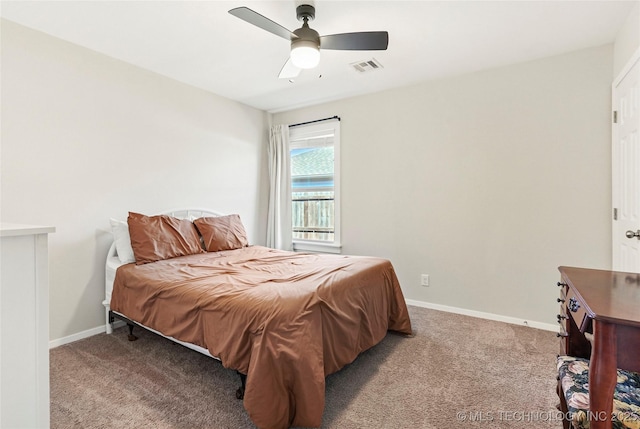 bedroom featuring visible vents, baseboards, carpet, and ceiling fan