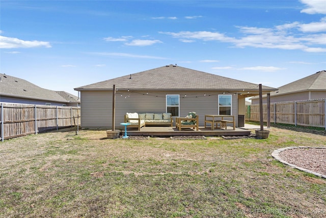 rear view of property with roof with shingles, an outdoor living space, a yard, a fenced backyard, and a deck