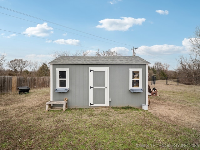 view of shed featuring a fenced backyard