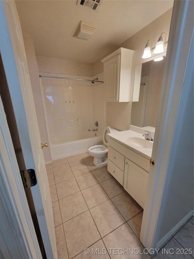 full bath with tile patterned flooring, visible vents, tub / shower combination, and vanity