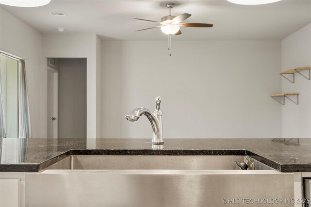 kitchen featuring ceiling fan, a sink, visible vents, open shelves, and dark countertops