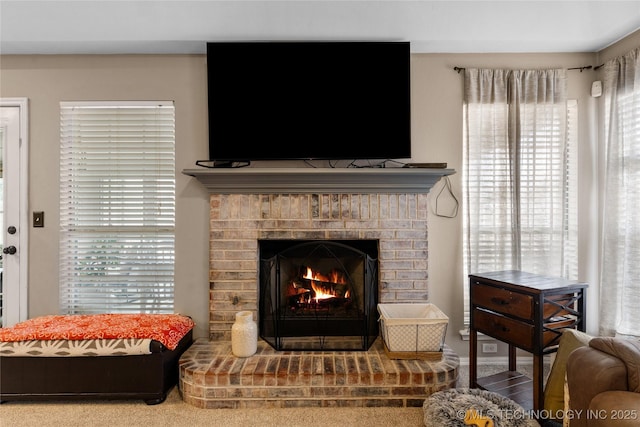 details with a brick fireplace