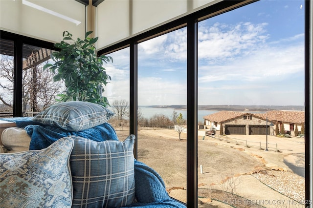 interior space with a water view