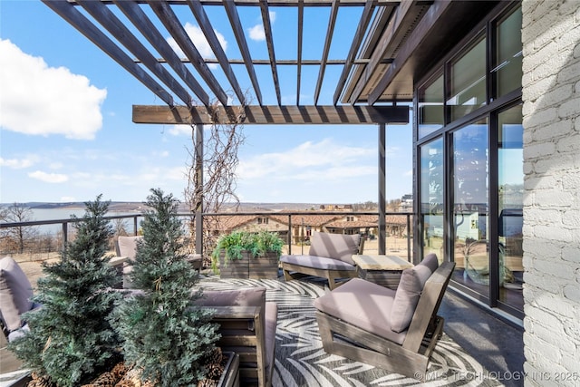 balcony with outdoor lounge area and a pergola