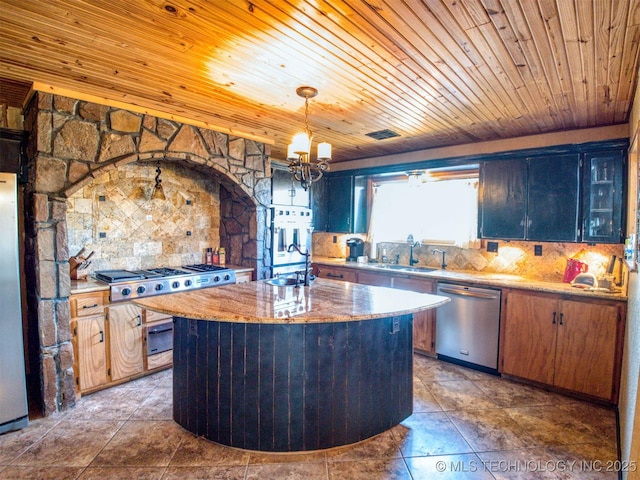 kitchen featuring visible vents, wooden ceiling, a kitchen island, stainless steel appliances, and a sink