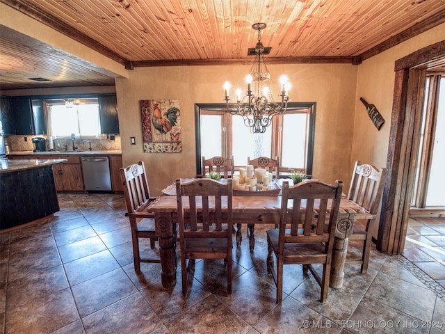 dining area featuring a chandelier and wood ceiling