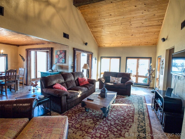 living room with wooden ceiling, visible vents, and high vaulted ceiling