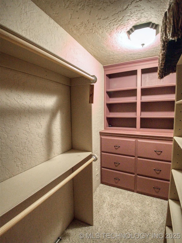 walk in closet with carpet floors