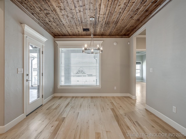 unfurnished dining area featuring baseboards, wood ceiling, ornamental molding, light wood-style floors, and a chandelier