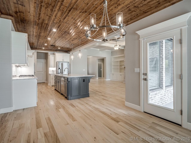 kitchen with high end refrigerator, wood ceiling, white cabinetry, light countertops, and light wood-type flooring