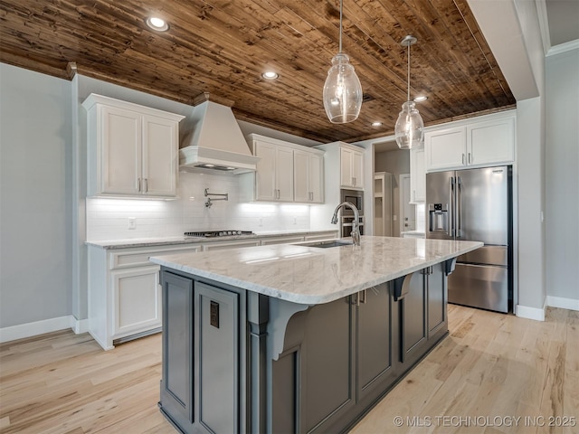 kitchen with stainless steel appliances, tasteful backsplash, a sink, wooden ceiling, and premium range hood