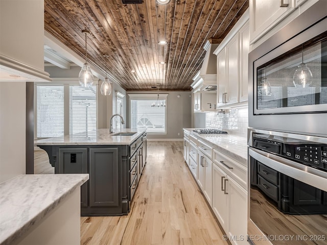 kitchen with stainless steel appliances, a sink, wood ceiling, white cabinets, and tasteful backsplash