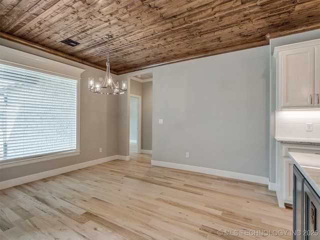 unfurnished dining area with baseboards, visible vents, wooden ceiling, ornamental molding, and light wood-type flooring