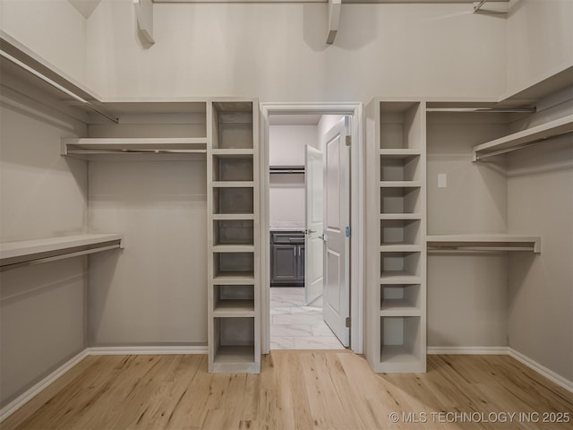 spacious closet featuring ceiling fan and light wood-style floors