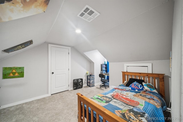 bedroom with lofted ceiling, baseboards, visible vents, and carpet flooring