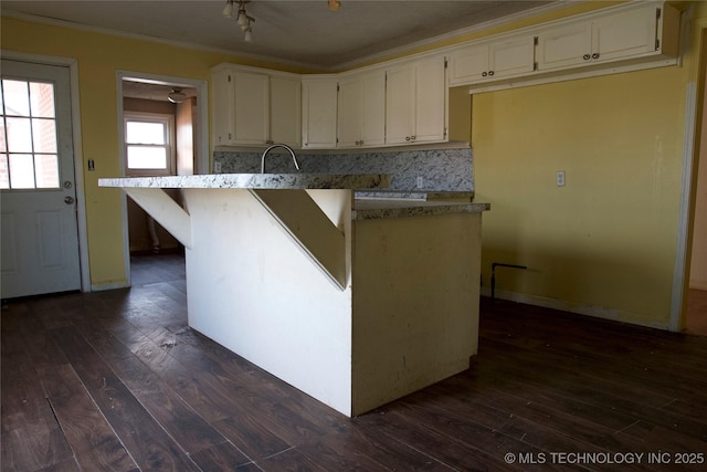 kitchen featuring dark wood-style floors, white cabinets, ornamental molding, and tasteful backsplash