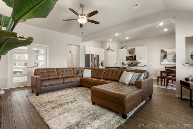 living area featuring recessed lighting, visible vents, dark wood finished floors, and ceiling fan