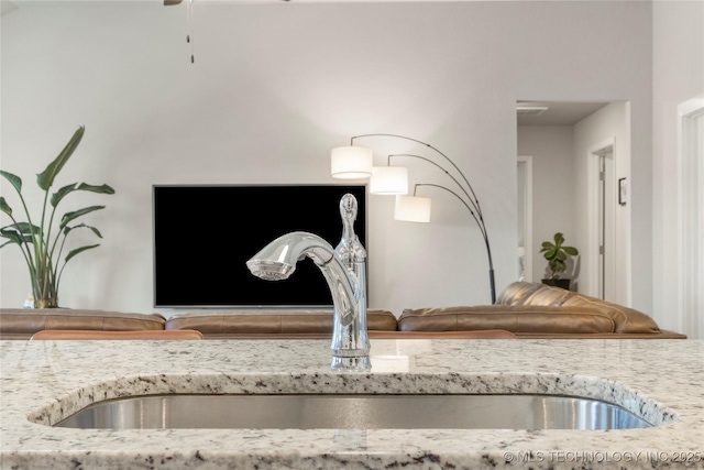 interior details featuring light stone counters and a sink