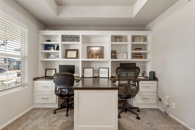 office space featuring baseboards, a tray ceiling, and light colored carpet