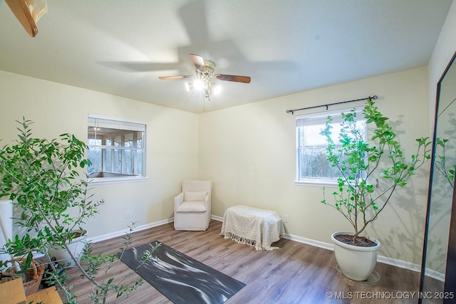 living area with ceiling fan, baseboards, and wood finished floors