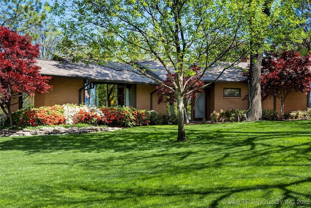 ranch-style home featuring brick siding and a front lawn