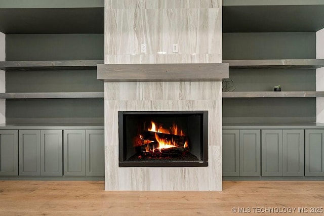 details featuring a lit fireplace and wood finished floors