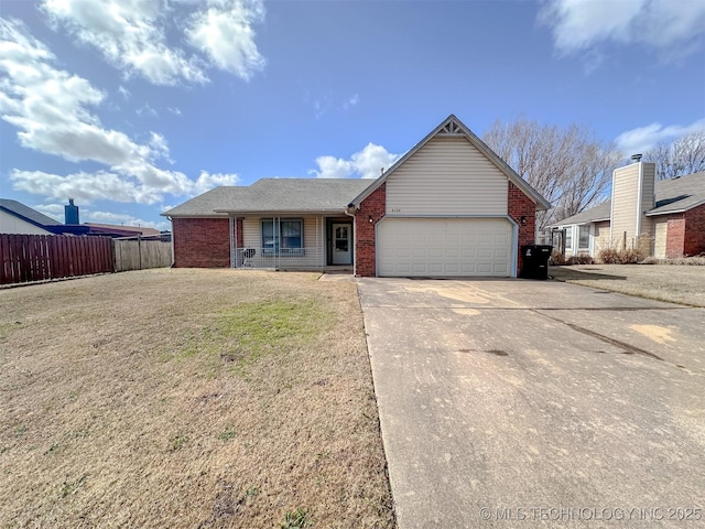 single story home featuring an attached garage, brick siding, fence, driveway, and a front lawn