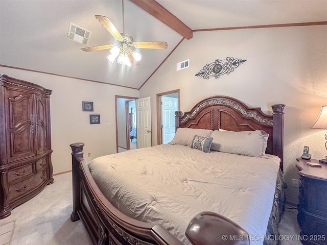 bedroom with a ceiling fan, light colored carpet, visible vents, and vaulted ceiling with beams