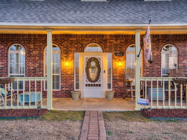 doorway to property with brick siding, covered porch, and roof with shingles