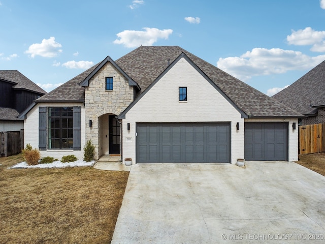 view of front of property featuring a garage, brick siding, a shingled roof, fence, and driveway