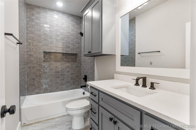full bath featuring toilet, vanity,  shower combination, and recessed lighting