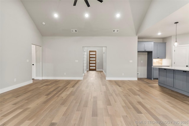 unfurnished living room with visible vents, high vaulted ceiling, and ceiling fan