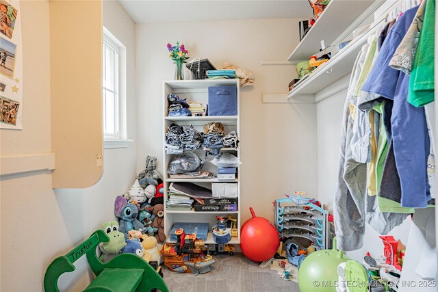 walk in closet featuring carpet flooring