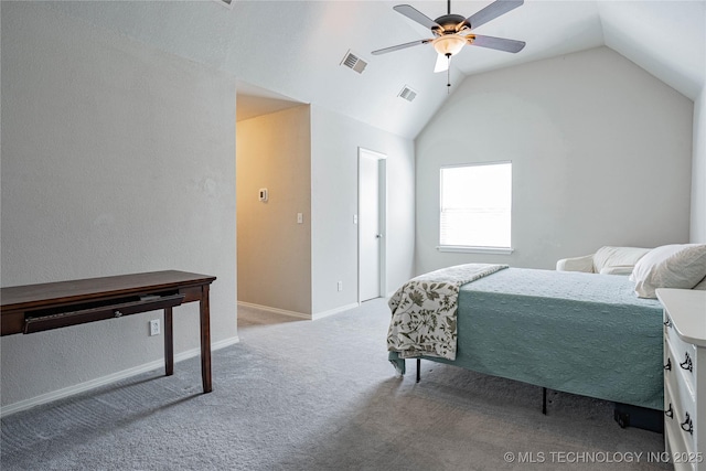 bedroom with vaulted ceiling, carpet flooring, visible vents, and a ceiling fan