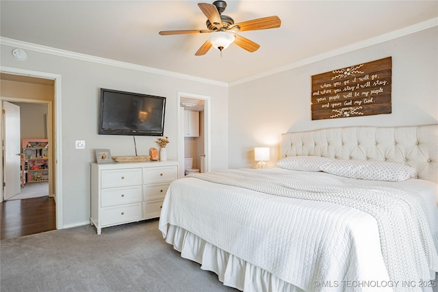 bedroom featuring ornamental molding, carpet flooring, and a ceiling fan