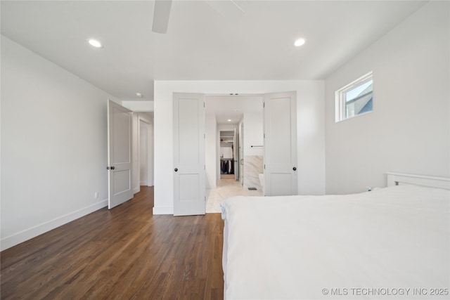 unfurnished bedroom featuring ceiling fan, baseboards, dark wood finished floors, and recessed lighting