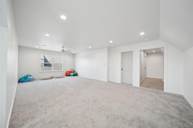 recreation room featuring carpet floors, recessed lighting, and baseboards