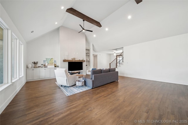 living room with ceiling fan, dark wood-style flooring, baseboards, stairs, and built in features