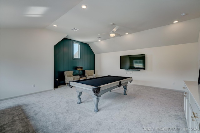 rec room featuring vaulted ceiling, pool table, light carpet, and visible vents