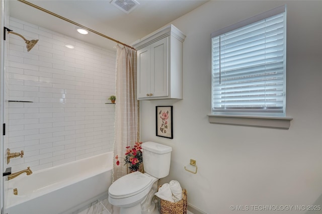 full bathroom featuring toilet, recessed lighting, visible vents, and shower / bathtub combination with curtain