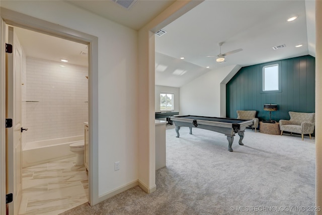 recreation room with vaulted ceiling, pool table, plenty of natural light, and marble finish floor