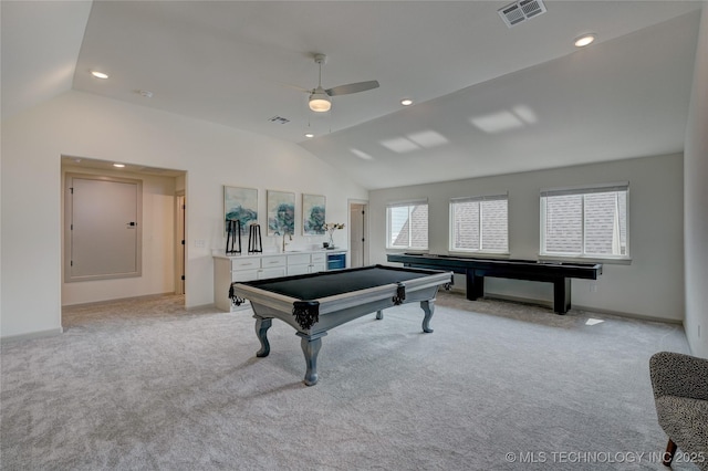 playroom featuring lofted ceiling, recessed lighting, light colored carpet, pool table, and visible vents