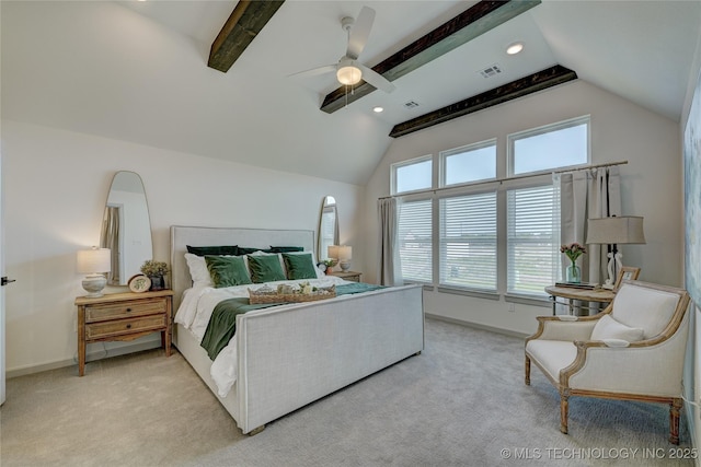 bedroom featuring light colored carpet, visible vents, and lofted ceiling with beams