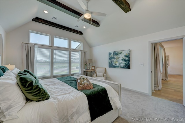 bedroom featuring lofted ceiling with beams, ceiling fan, light colored carpet, visible vents, and baseboards