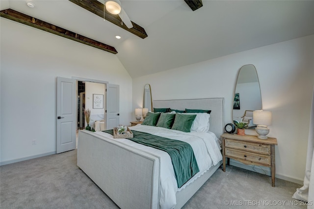 bedroom featuring a ceiling fan, light carpet, vaulted ceiling with beams, and baseboards