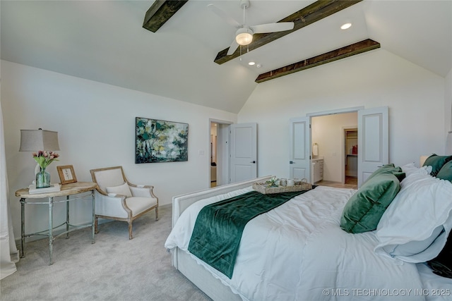 bedroom featuring ceiling fan, high vaulted ceiling, beamed ceiling, and carpet flooring