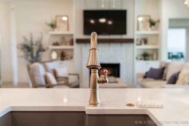 details with a fireplace, light countertops, and a sink