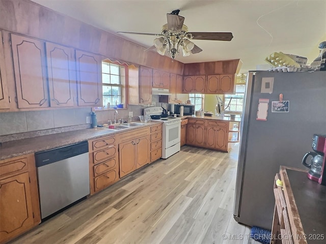 kitchen featuring under cabinet range hood, a sink, a ceiling fan, appliances with stainless steel finishes, and light wood finished floors