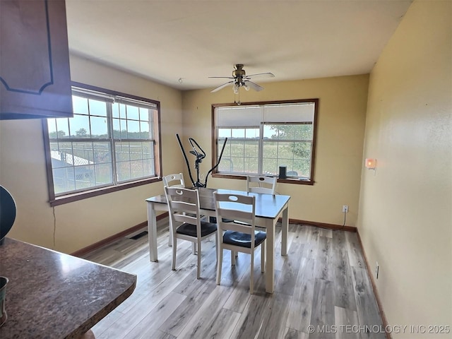 office featuring visible vents, light wood finished floors, a ceiling fan, and baseboards