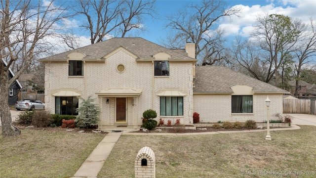 french country style house with brick siding, a chimney, a front yard, and fence